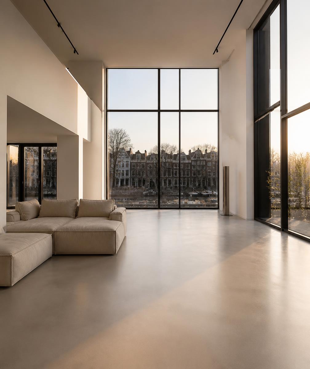 Minimalistisch loft-interieur met gepolijste betonvloer