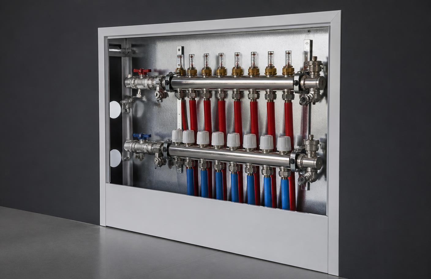Vloerverwarmingsverdeler met flowmeters in een wandkast